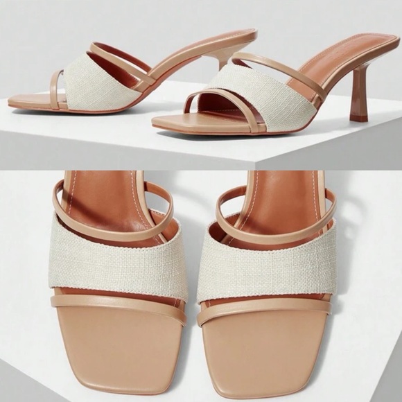 Cognac brown and cream canvas open toe strappy heels - Picture 1 of 7